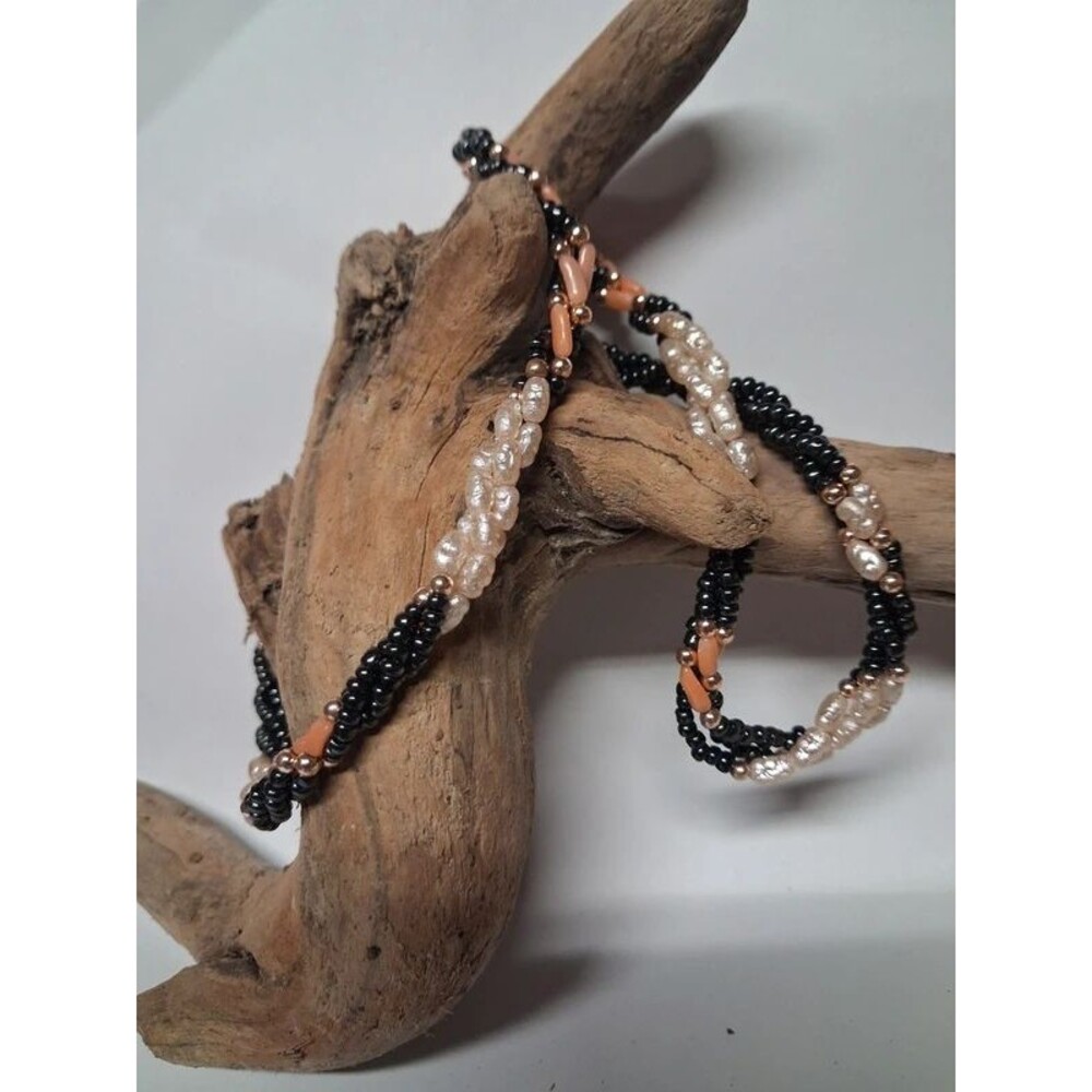 1970s freshwater pearls with coral and hematite necklace